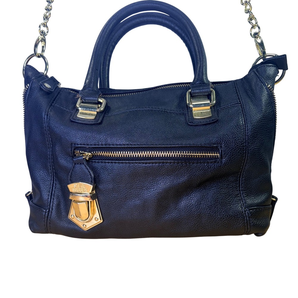 Steve Madden Satchel Bag Women Medium Black Good Faux Leather Gold Chain Strap